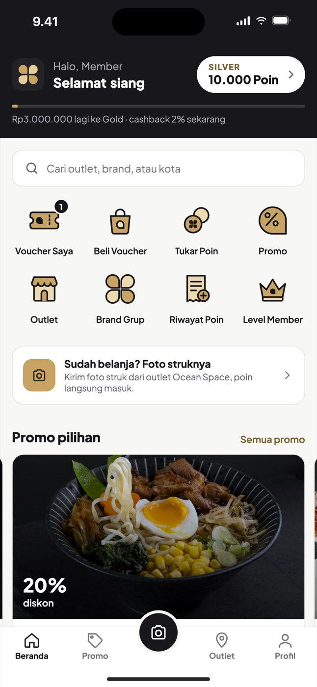 Beranda aplikasi Ocean Space: saldo poin, progres level, dan menu member
