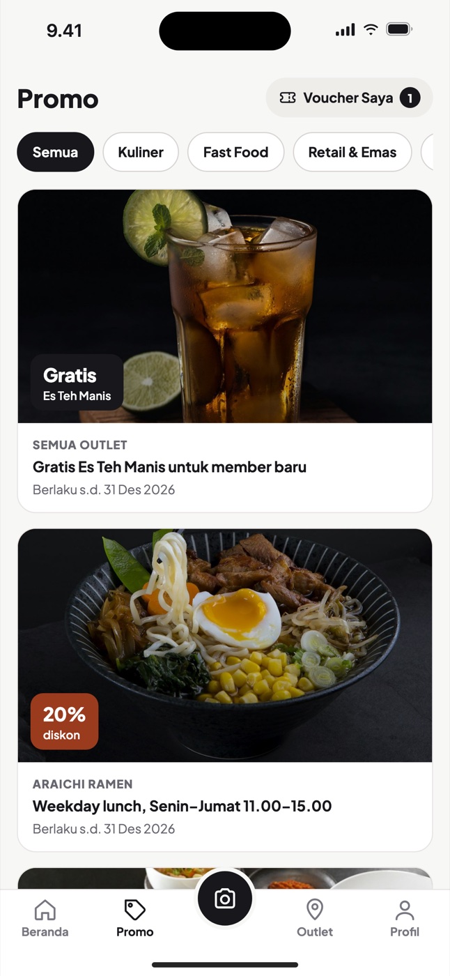 Halaman promo berisi kartu promo bergambar dengan filter kategori