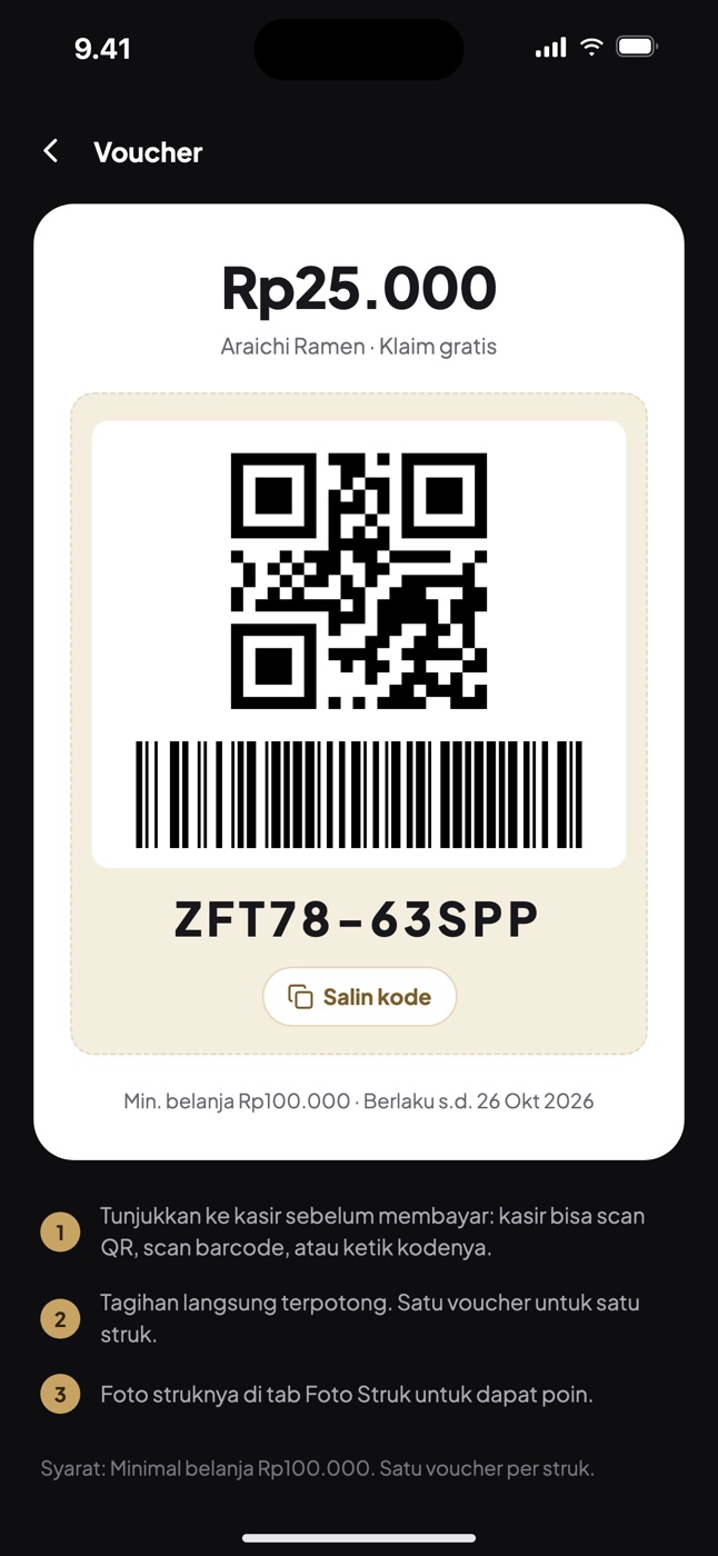 Voucher dengan kode QR dan barcode yang siap dipindai kasir